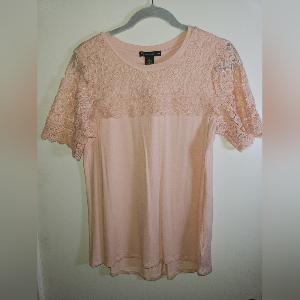 Adrianna Papell Shirt with Lace Accents and Sleeves Pink Small